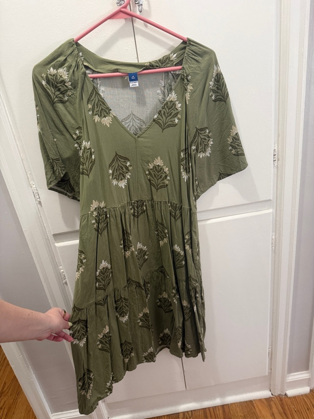 Old Navy Olive Green Floral V-Neck Tiered Mini Dress